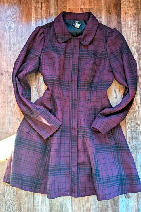 Hot Topic Jackets & Blazers - Hot Topic Plaid Fit Flare Coat Womens M Deep Burgundy Wine Gothic Whimsigoth Y2K
